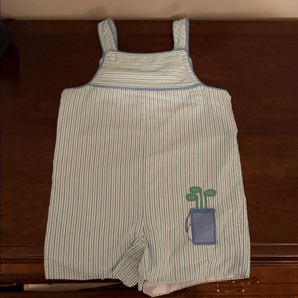 Little English Green Striped Seersucker Shortall- 3T